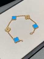 CLOVER 5 MOTIF BLUE CHALCEDONY DIAMOND GOLD BRACELET