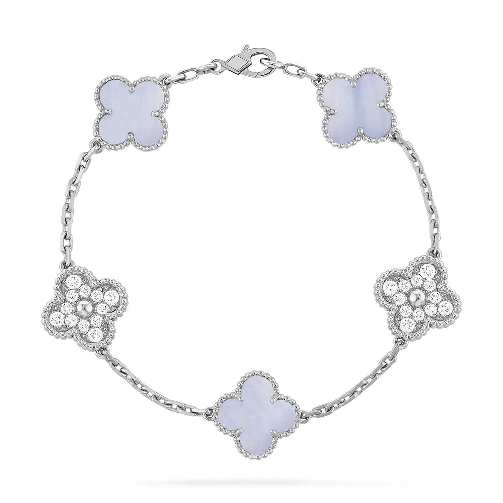 CLOVER 5 MOTIF DIAMOND PURPLE CHALCEDONY BRACELET SILVER
