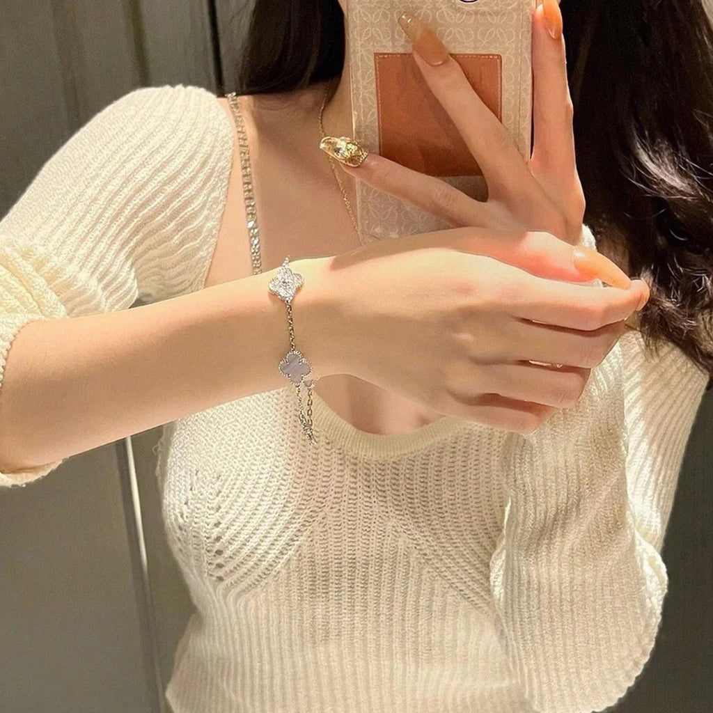 CLOVER 5 MOTIF DIAMOND PURPLE CHALCEDONY BRACELET SILVER